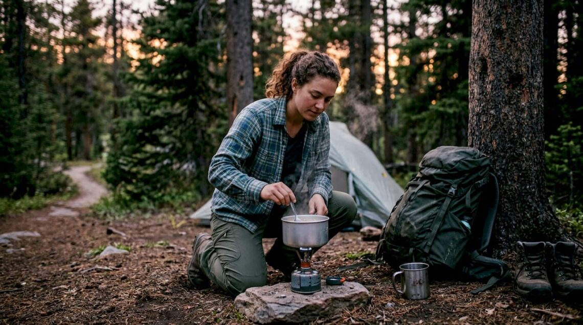 Backpacker cooking with portable stove at dusk