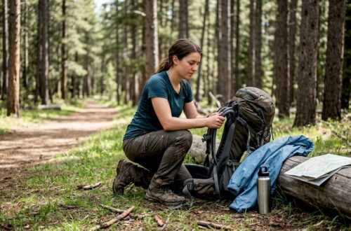 Hiker preparing backpack in national park