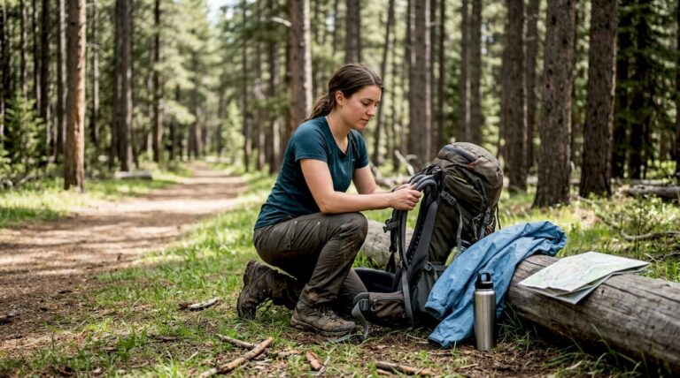 Hiker preparing backpack in national park