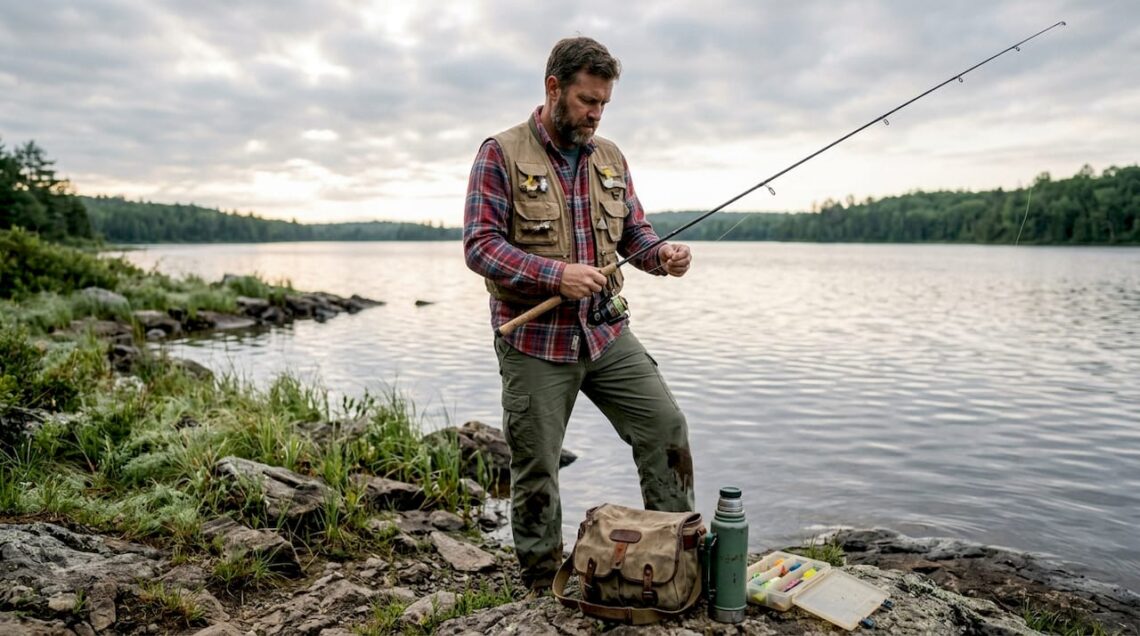 Angler assembling rod on lakeshore at dawn