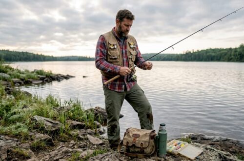 Angler assembling rod on lakeshore at dawn