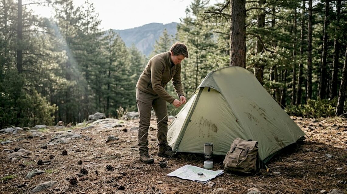 Camper setting up tent in remote forest clearing